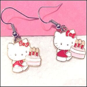 Hello Kitty Earrings White Black Kitty Cat Pink Happy Birthday Cake Anime NWT